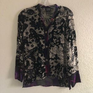 Citron Santa Monica Butterfly Velvet Print Sheer Blouse Button Down Size XS